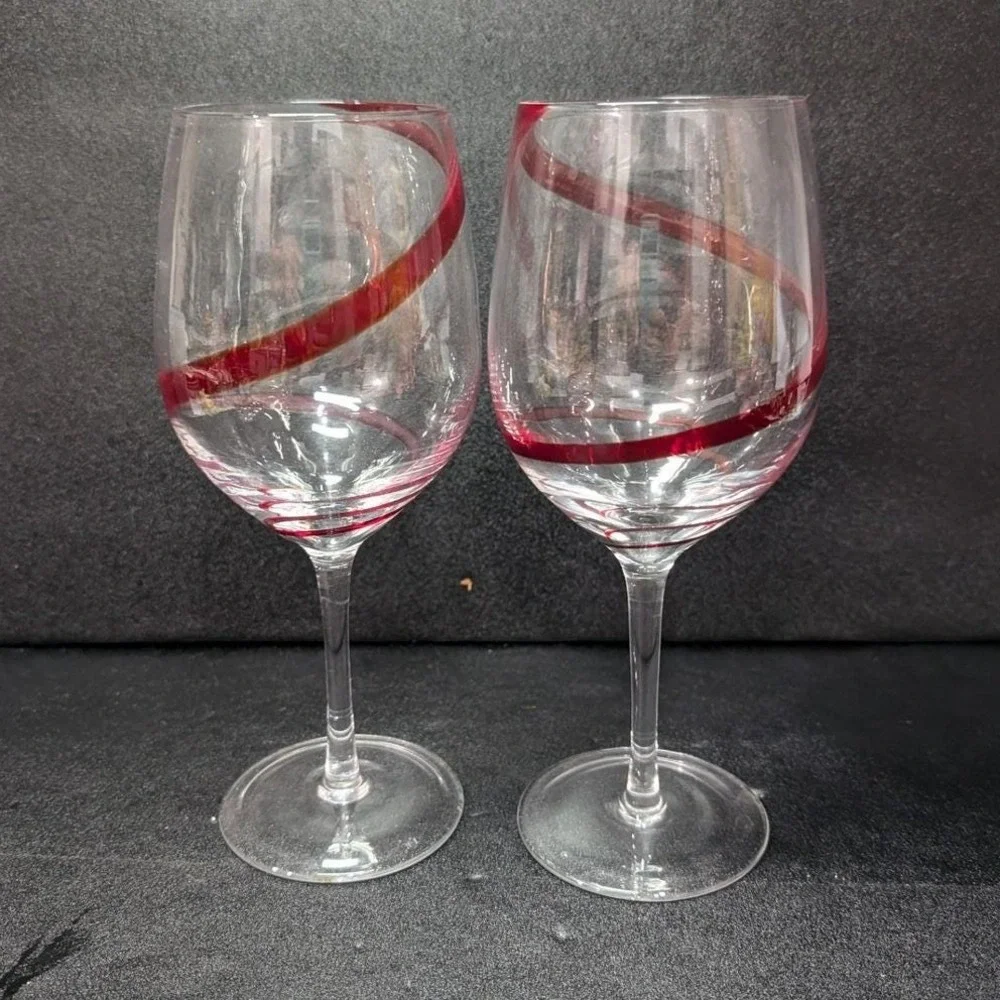 Pier 1 Red Swirline Wine Glasses, Set‎ Of 2, Vintage Clear Stemware, Replacement